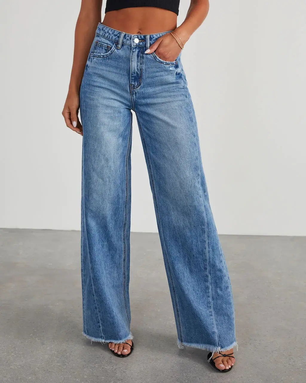 Women’s Loose Wide-leg Side Seam Stitching Frayed Hem Jeans