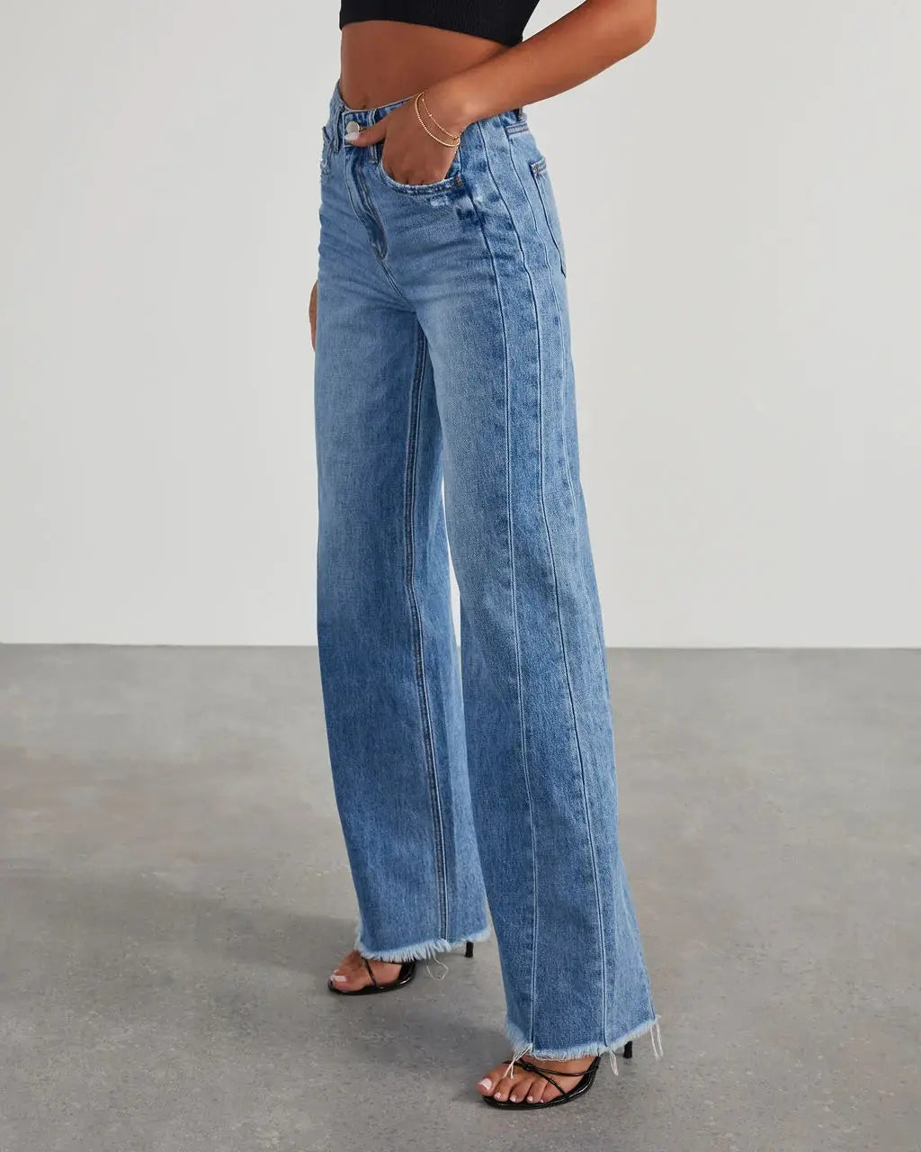 Women’s Loose Wide-leg Side Seam Stitching Frayed Hem Jeans