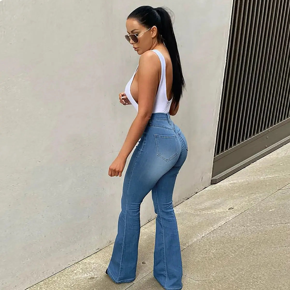 Women’s Stretch High Waist Denim Pants Micro-pull Horseshoe Pants