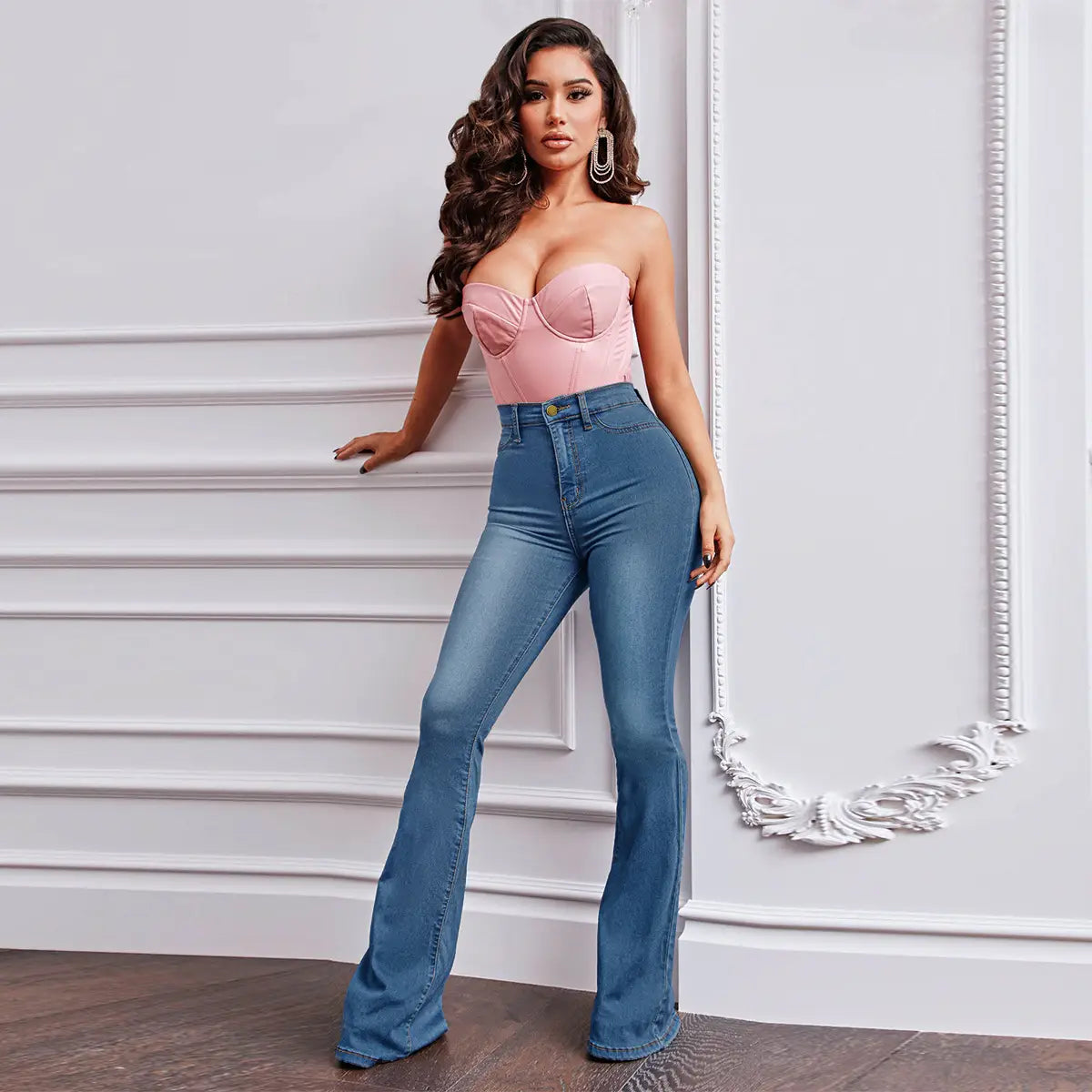 Women’s Stretch High Waist Denim Pants Micro-pull Horseshoe Pants