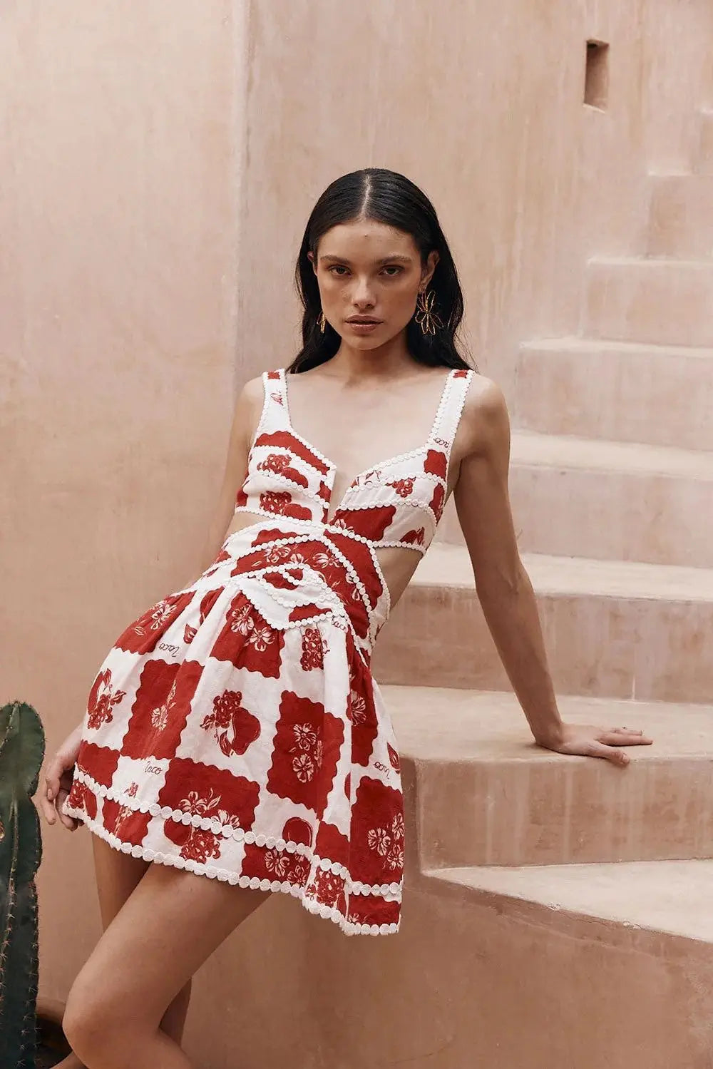 Women’s Flower Print Lace Sling Dress Fashion V-neck Waist-baring Skirt Summer Clotjing
