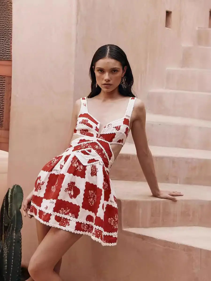 Women’s Flower Print Lace Sling Dress Fashion V-neck Waist-baring Skirt Summer Clotjing