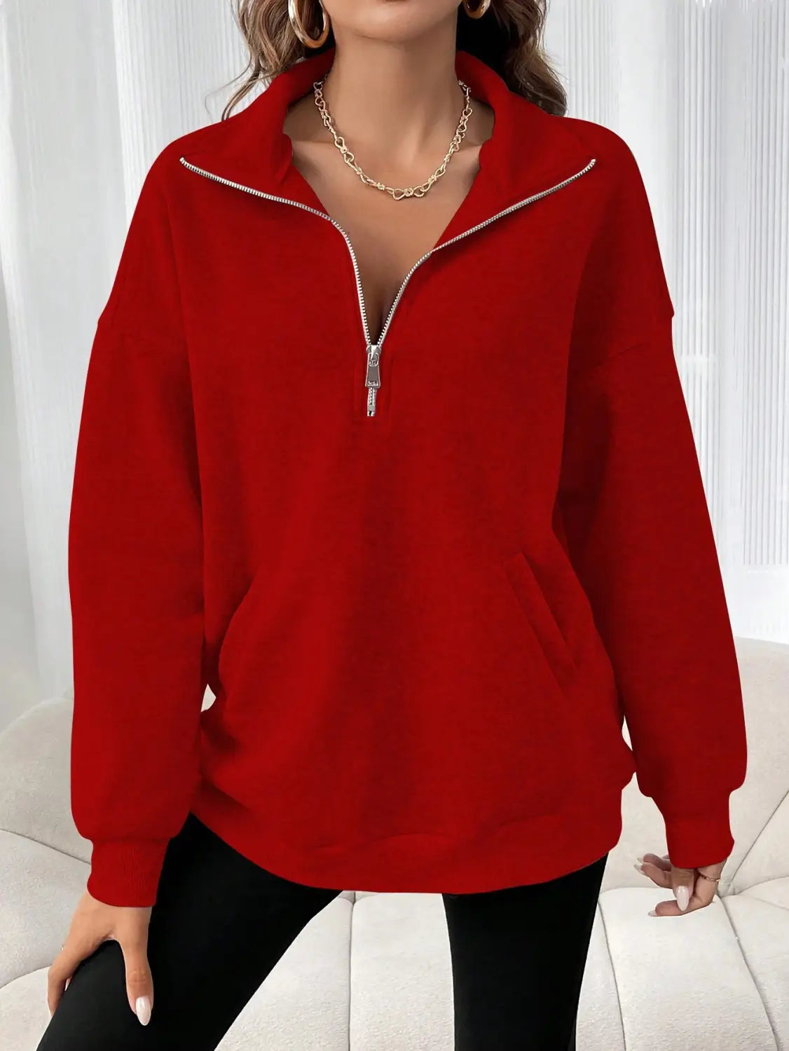 Polo Collar Solid Color Casual Women’s Hoodie