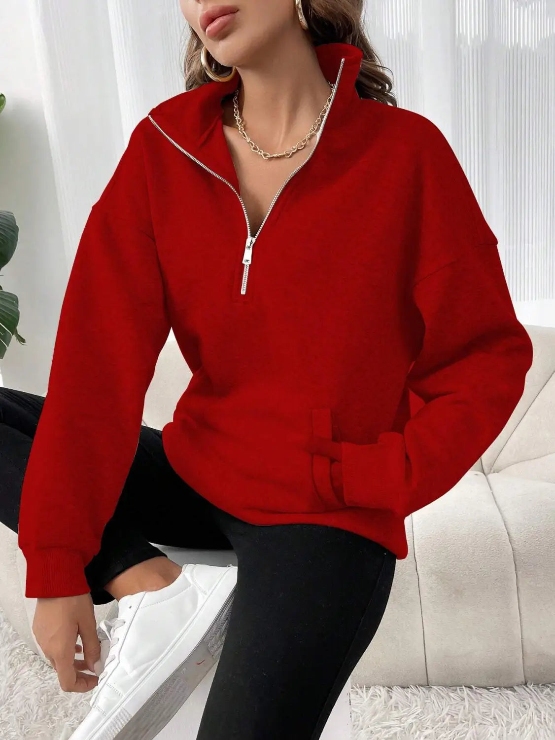 Polo Collar Solid Color Casual Women’s Hoodie