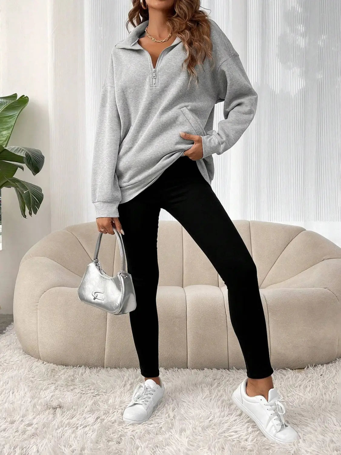 Polo Collar Solid Color Casual Women’s Hoodie