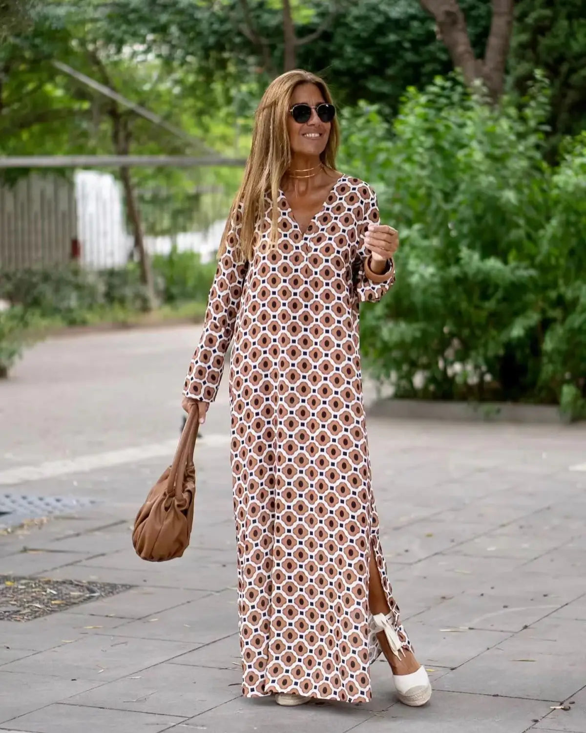 Summer Geometric Printed V-neck Long Dress Fashion Long Sleeve Slit Dresses For Women