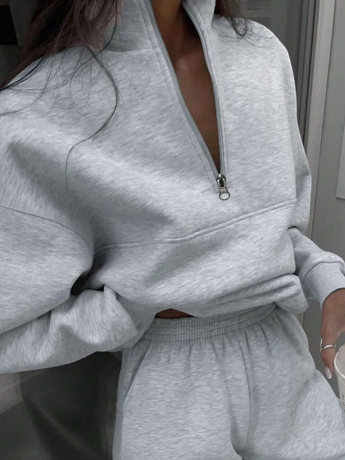 Zipper And Lapel Solid Color Casual Two-piece Suit