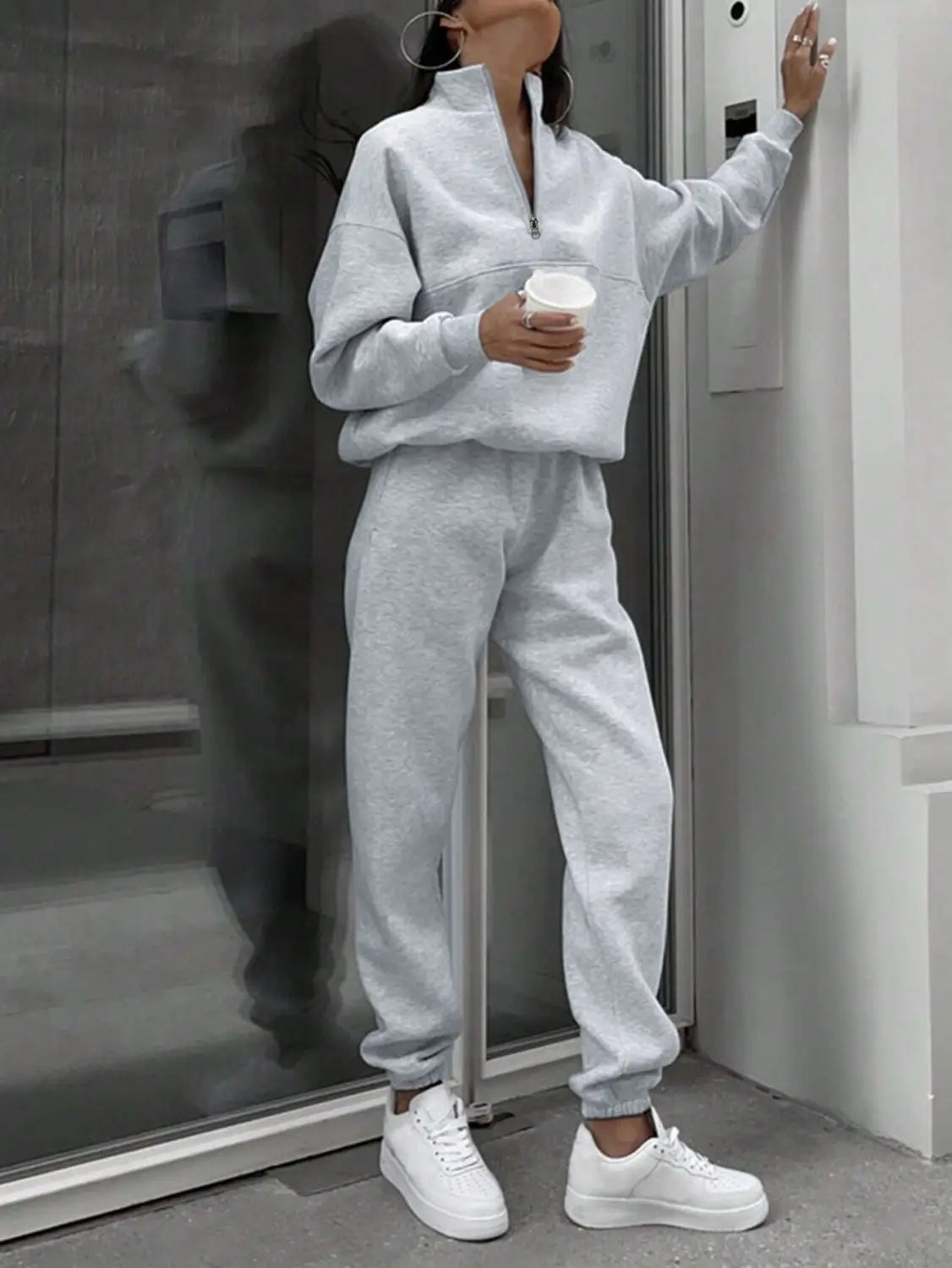 Zipper And Lapel Solid Color Casual Two-piece Suit