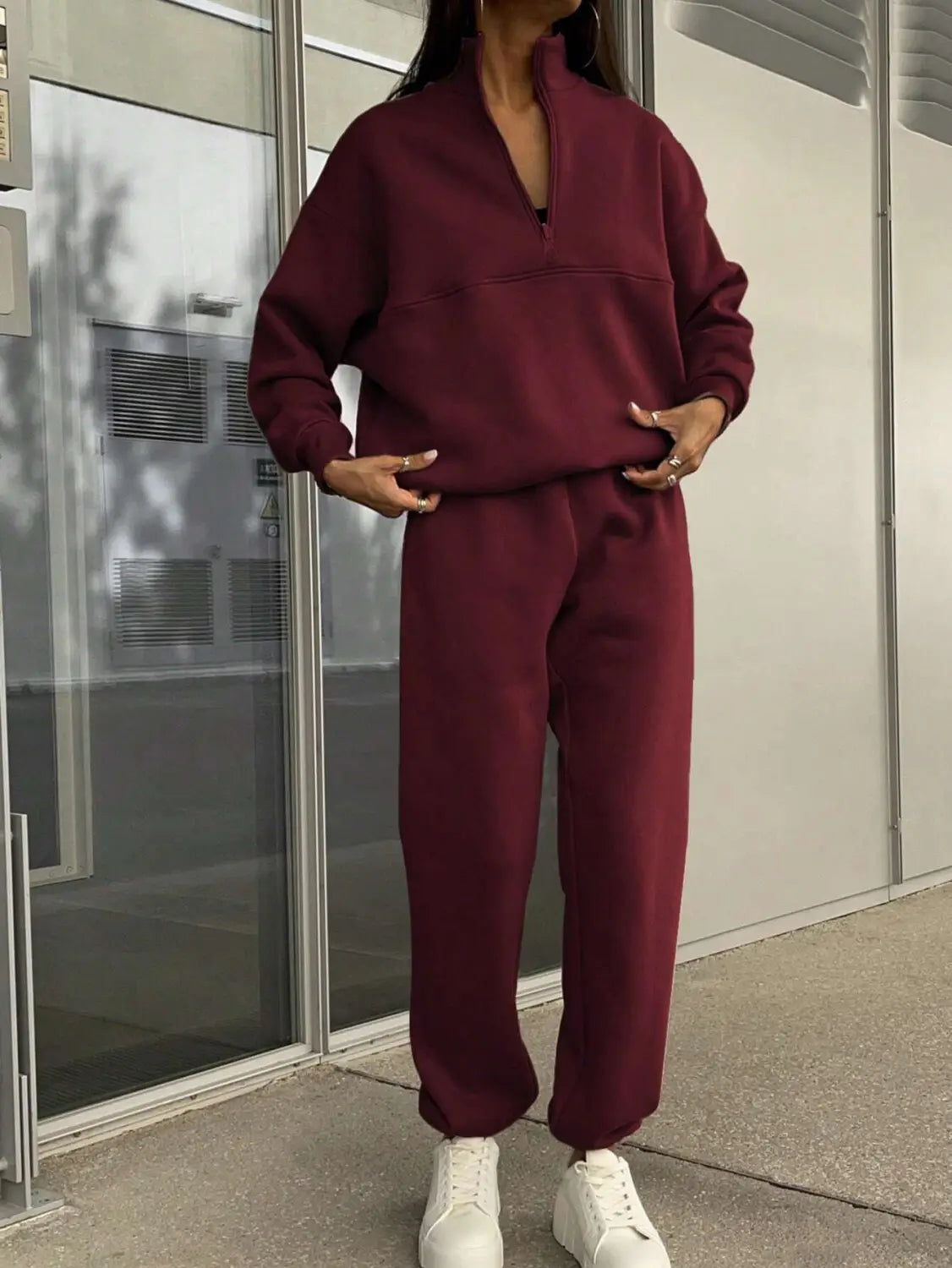 Zipper And Lapel Solid Color Casual Two-piece Suit