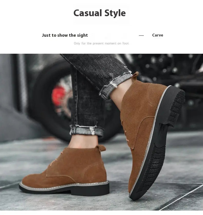 Inner Elevator Shoes Mid-top Men’s Boots Cowhide Suede Martin
