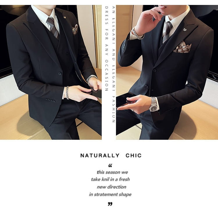 Suit Three-piece Suit Slim Korean Style Double Buckle Solid Color Light Business