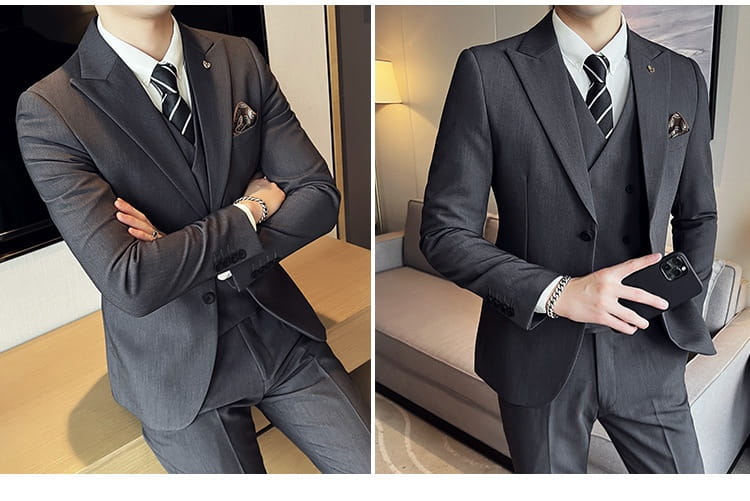 Suit Three-piece Suit Slim Korean Style Double Buckle Solid Color Light Business