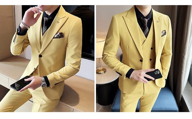 Suit Three-piece Suit Slim Korean Style Double Buckle Solid Color Light Business