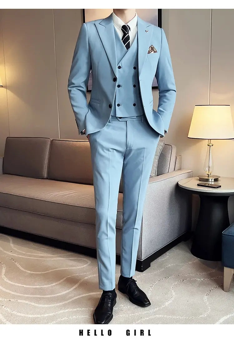 Suit Three-piece Suit Slim Korean Style Double Buckle Solid Color Light Business