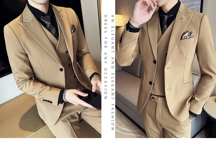 Suit Three-piece Suit Slim Korean Style Double Buckle Solid Color Light Business