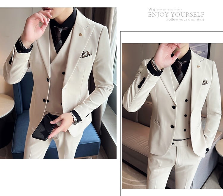 Suit Three-piece Suit Slim Korean Style Double Buckle Solid Color Light Business