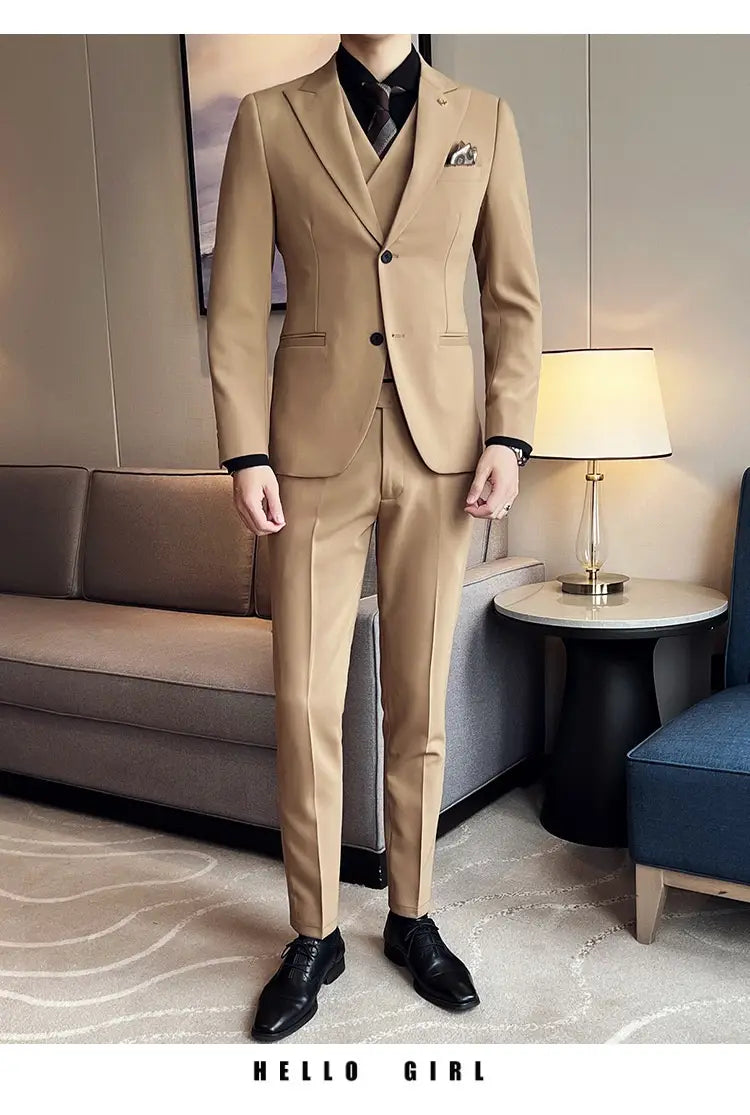 Suit Three-piece Suit Slim Korean Style Double Buckle Solid Color Light Business