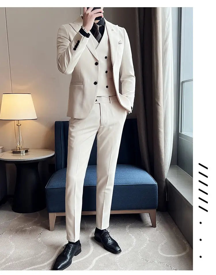 Suit Three-piece Suit Slim Korean Style Double Buckle Solid Color Light Business