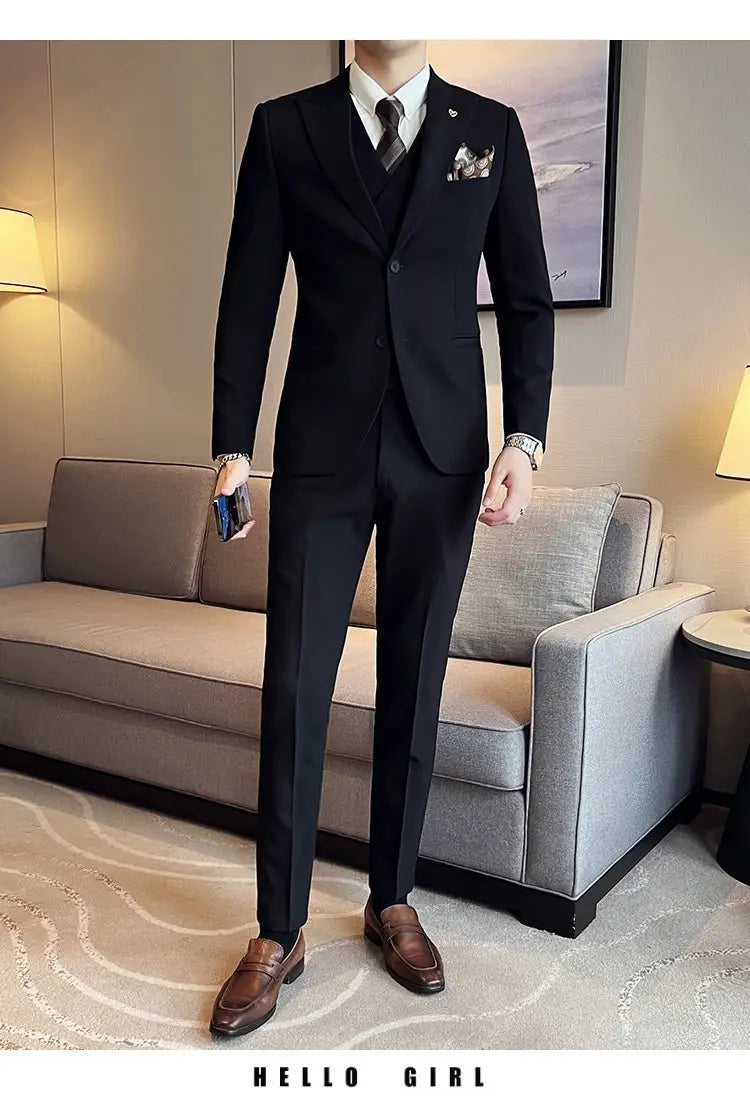 Suit Three-piece Suit Slim Korean Style Double Buckle Solid Color Light Business