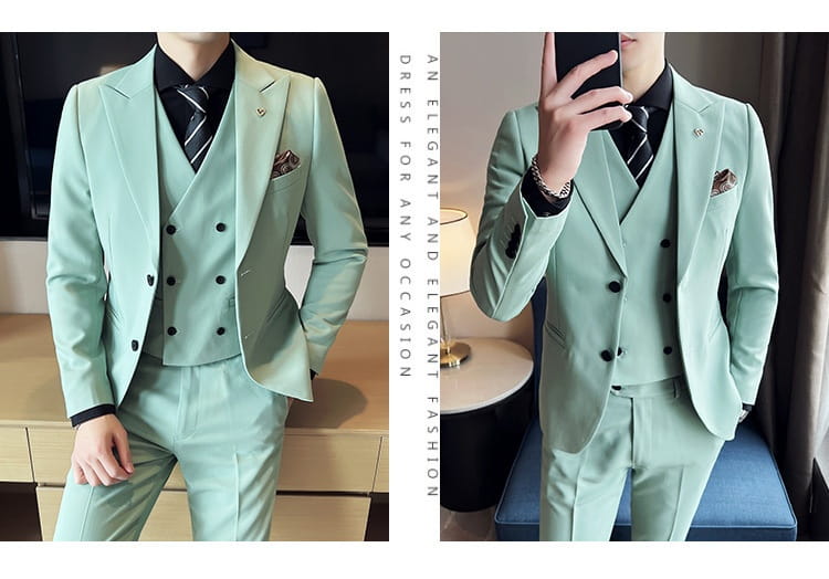 Suit Three-piece Suit Slim Korean Style Double Buckle Solid Color Light Business
