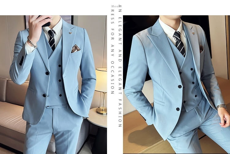 Suit Three-piece Suit Slim Korean Style Double Buckle Solid Color Light Business