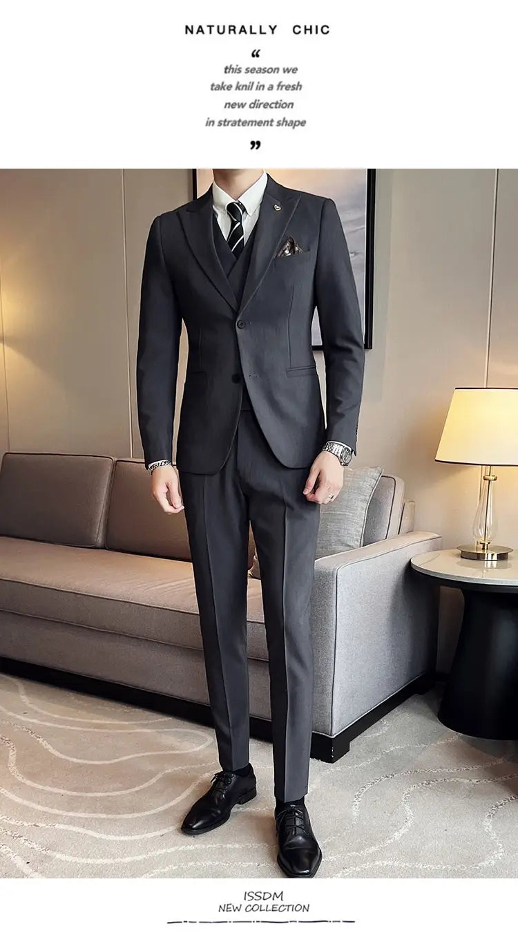 Suit Three-piece Suit Slim Korean Style Double Buckle Solid Color Light Business