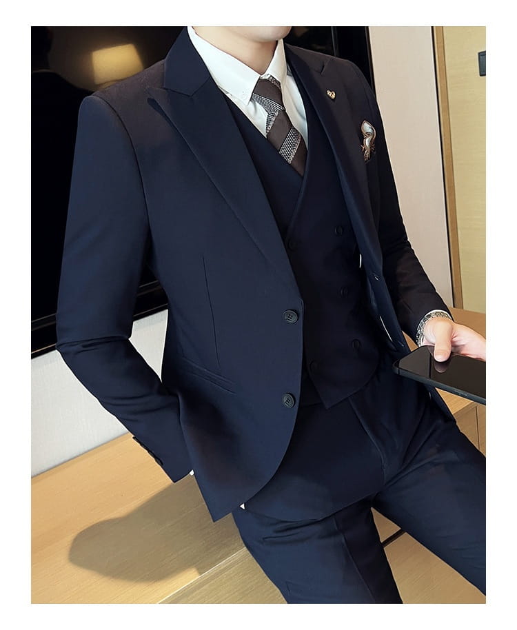 Suit Three-piece Suit Slim Korean Style Double Buckle Solid Color Light Business