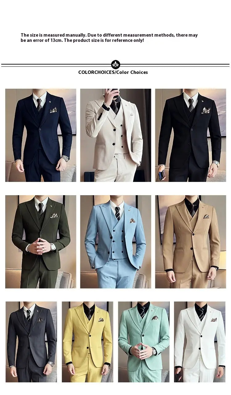 Suit Three-piece Suit Slim Korean Style Double Buckle Solid Color Light Business