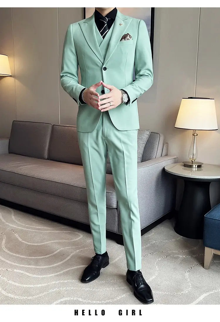 Suit Three-piece Suit Slim Korean Style Double Buckle Solid Color Light Business