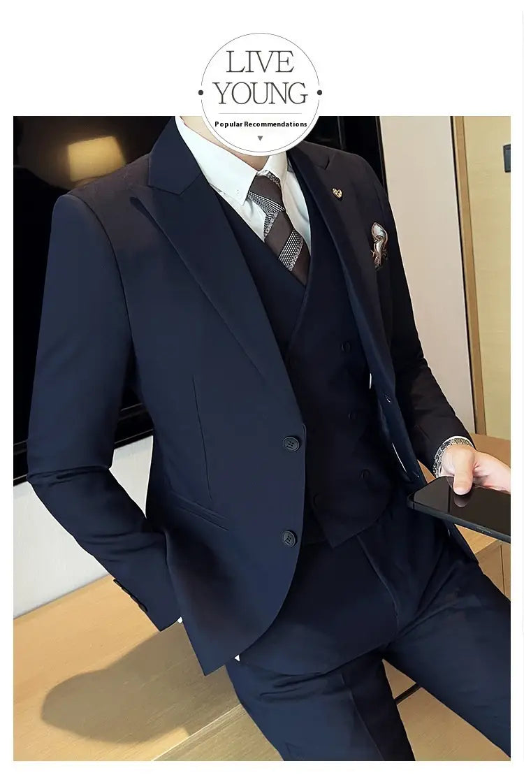 Suit Three-piece Suit Slim Korean Style Double Buckle Solid Color Light Business