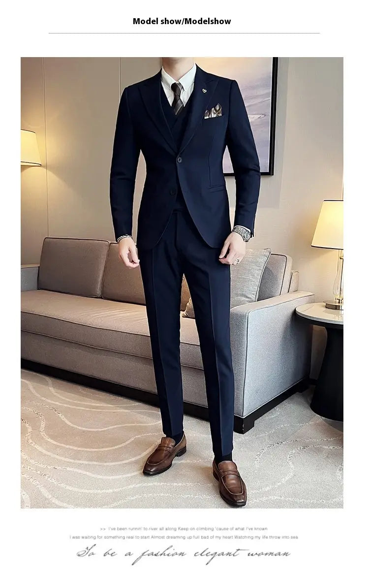 Suit Three-piece Suit Slim Korean Style Double Buckle Solid Color Light Business
