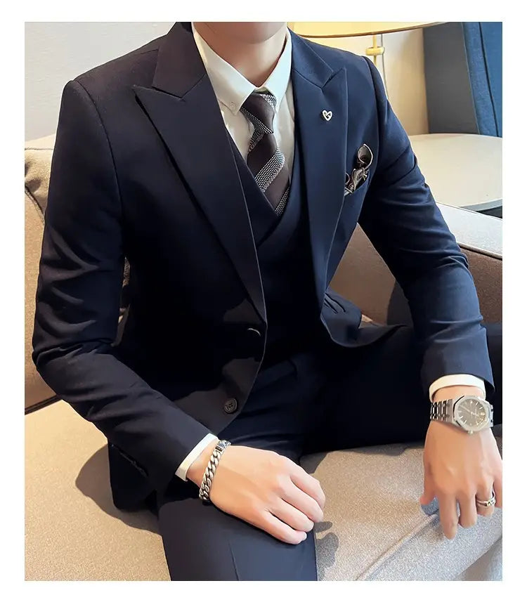 Suit Three-piece Suit Slim Korean Style Double Buckle Solid Color Light Business