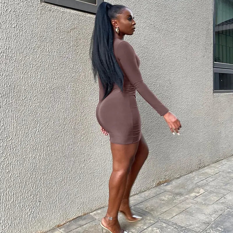 Women’s Skirt Slim Fit Midriff Outfit Metal Buckle Long Sleeve Short Dress