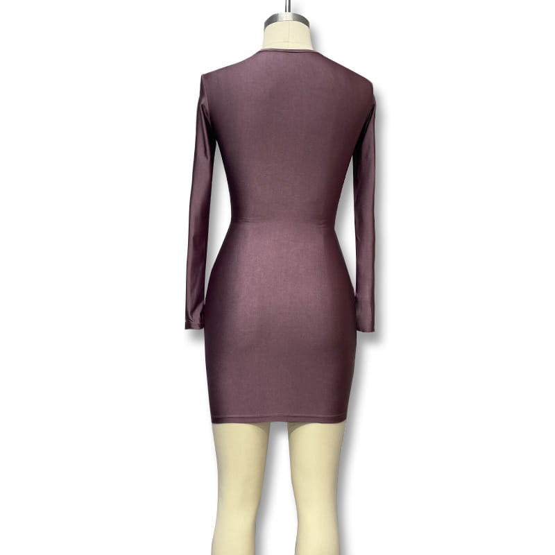 Women’s Skirt Slim Fit Midriff Outfit Metal Buckle Long Sleeve Short Dress