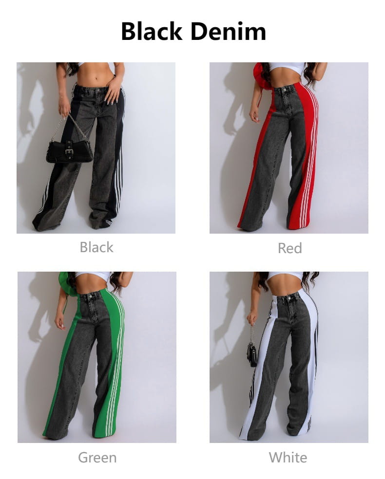 Fashion Stitching Wide Leg Denim Trousers Women’s High Waist Stretchy Straight-leg Pants