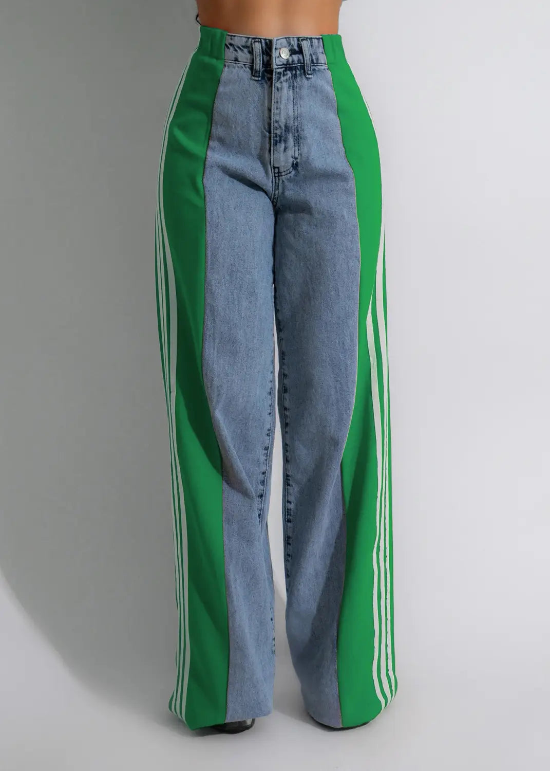 Fashion Stitching Wide Leg Denim Trousers Women’s High Waist Stretchy Straight-leg Pants