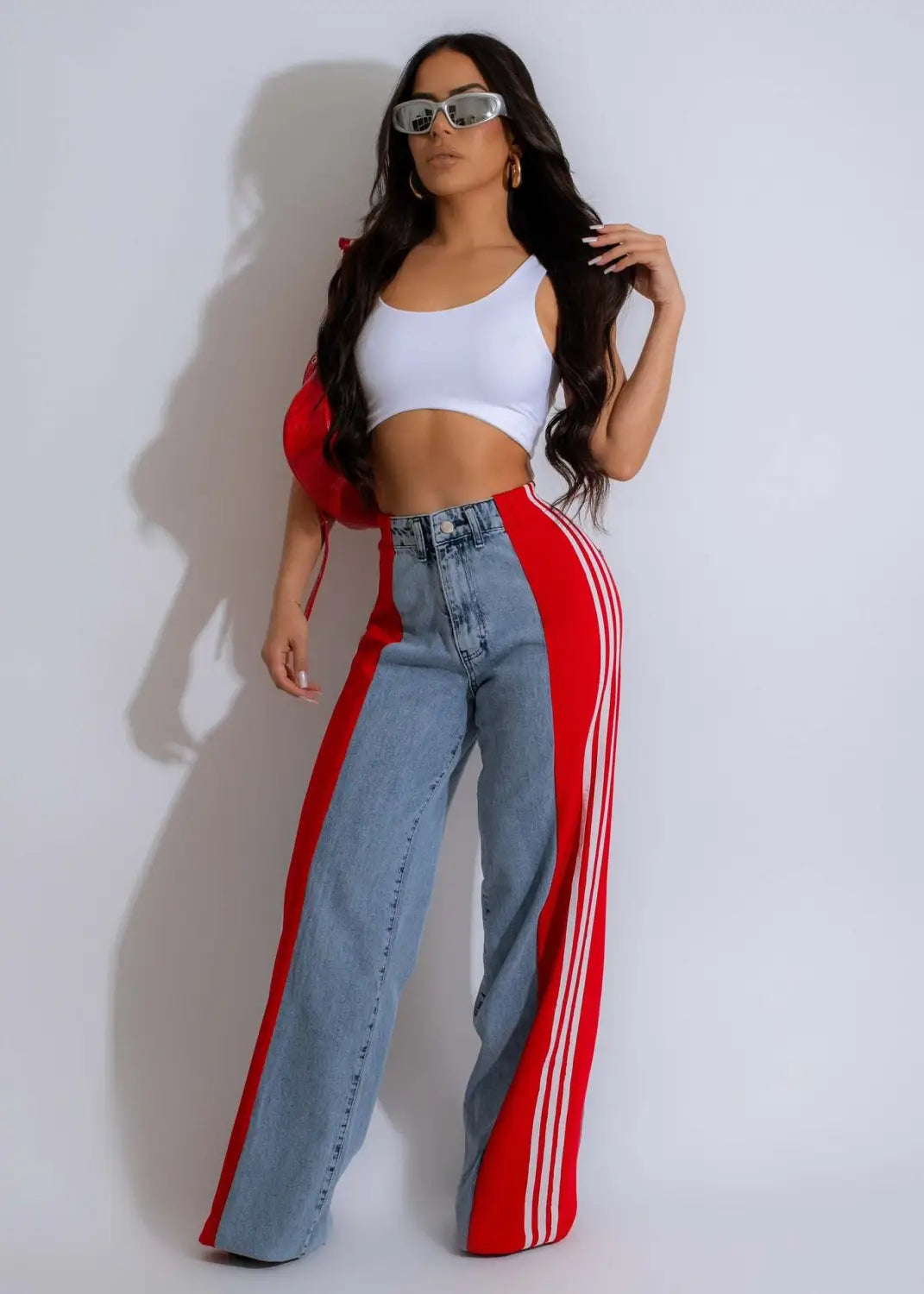 Fashion Stitching Wide Leg Denim Trousers Women’s High Waist Stretchy Straight-leg Pants