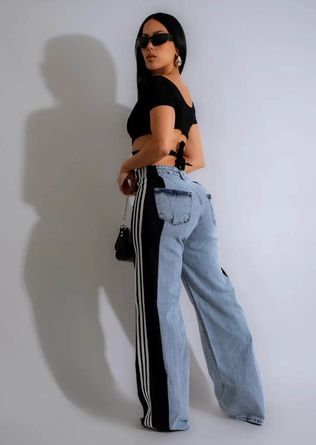 Fashion Stitching Wide Leg Denim Trousers Women’s High Waist Stretchy Straight-leg Pants