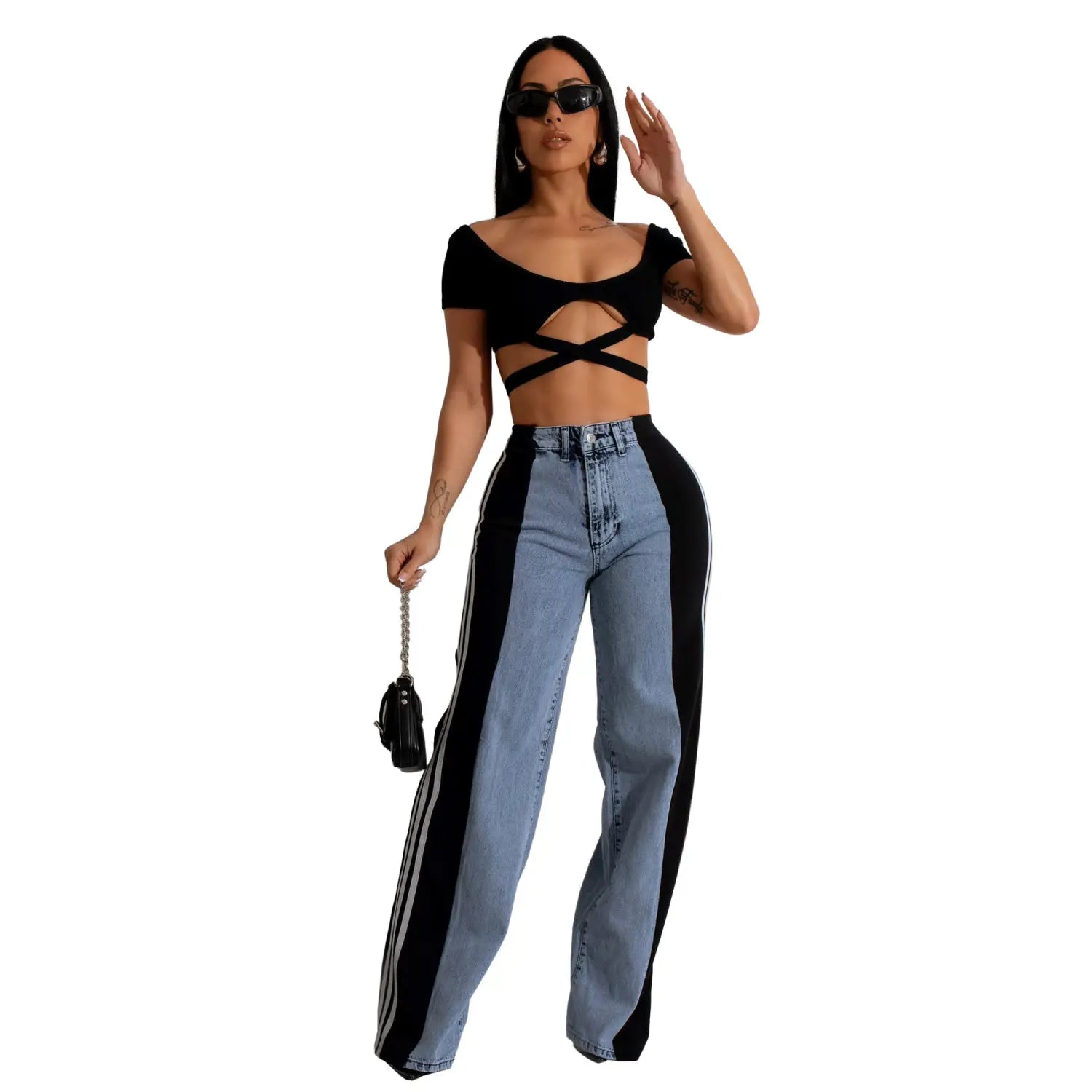 Fashion Stitching Wide Leg Denim Trousers Women’s High Waist Stretchy Straight-leg Pants
