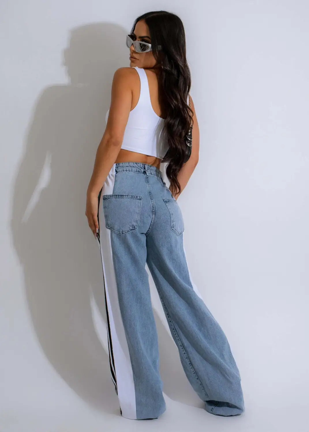 Fashion Stitching Wide Leg Denim Trousers Women’s High Waist Stretchy Straight-leg Pants