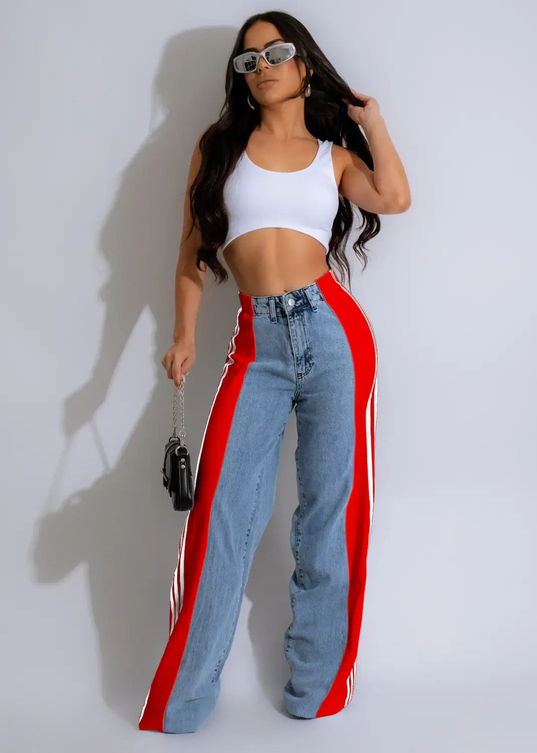 Fashion Stitching Wide Leg Denim Trousers Women’s High Waist Stretchy Straight-leg Pants