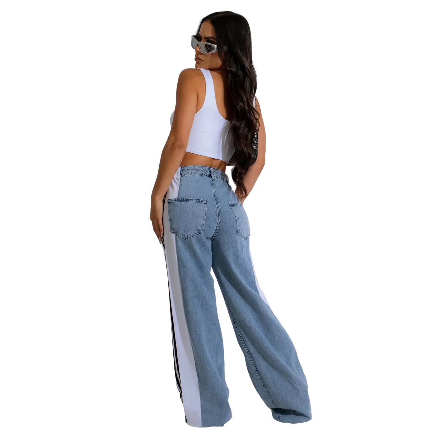 Fashion Stitching Wide Leg Denim Trousers Women’s High Waist Stretchy Straight-leg Pants