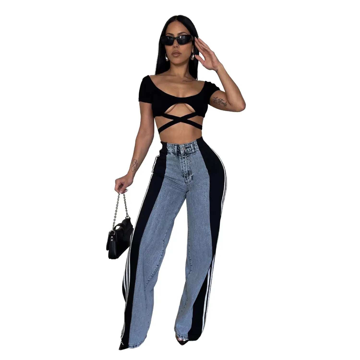 Fashion Stitching Wide Leg Denim Trousers Women’s High Waist Stretchy Straight-leg Pants