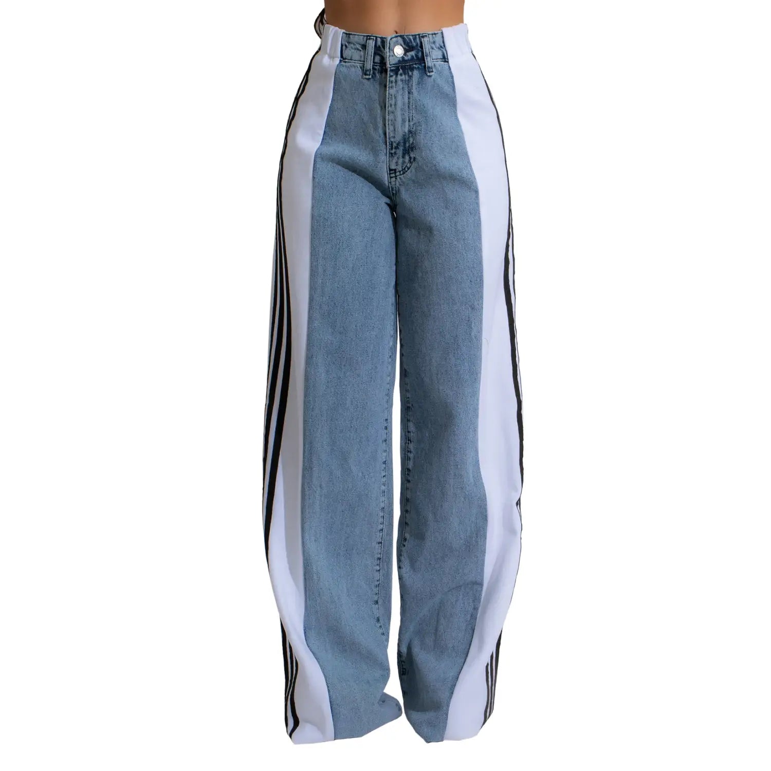 Fashion Stitching Wide Leg Denim Trousers Women’s High Waist Stretchy Straight-leg Pants