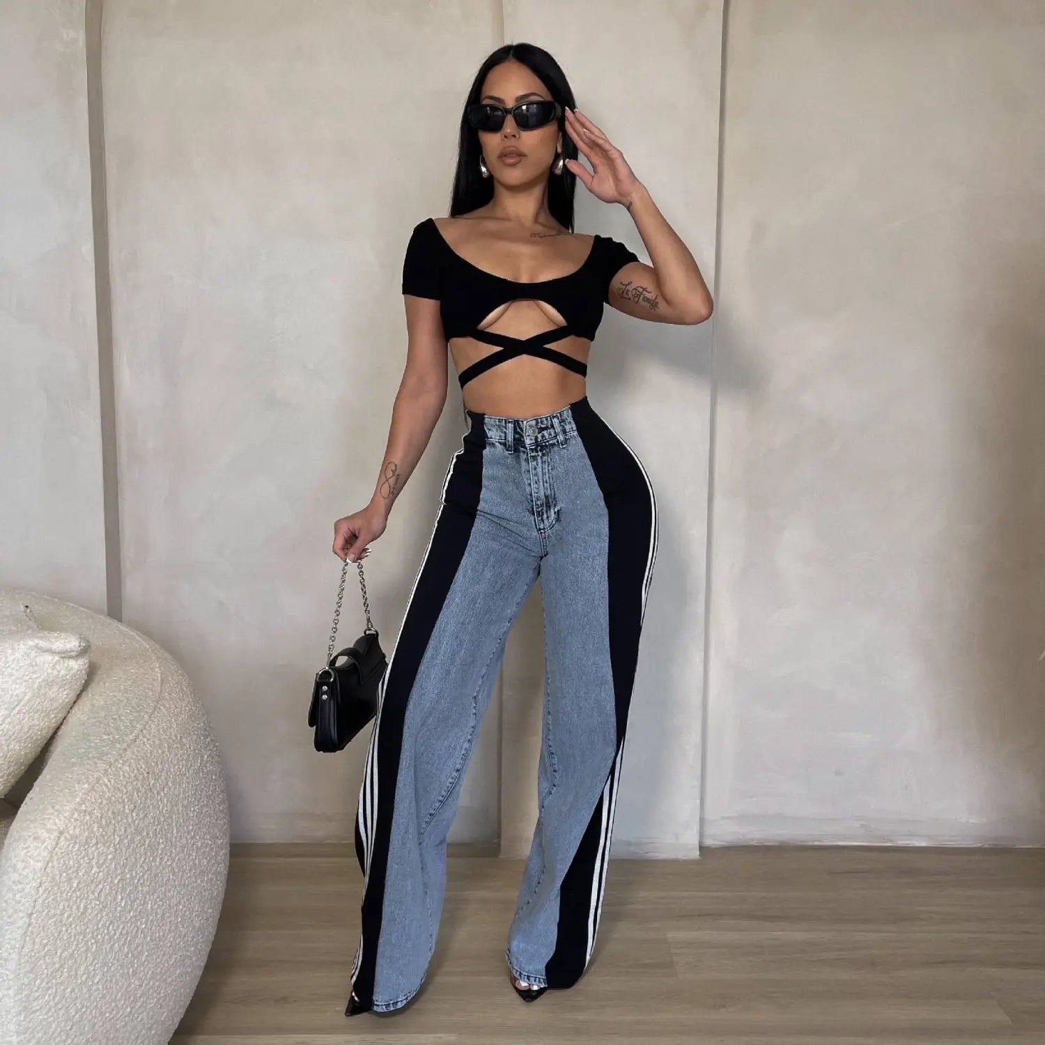 Fashion Stitching Wide Leg Denim Trousers Women’s High Waist Stretchy Straight-leg Pants