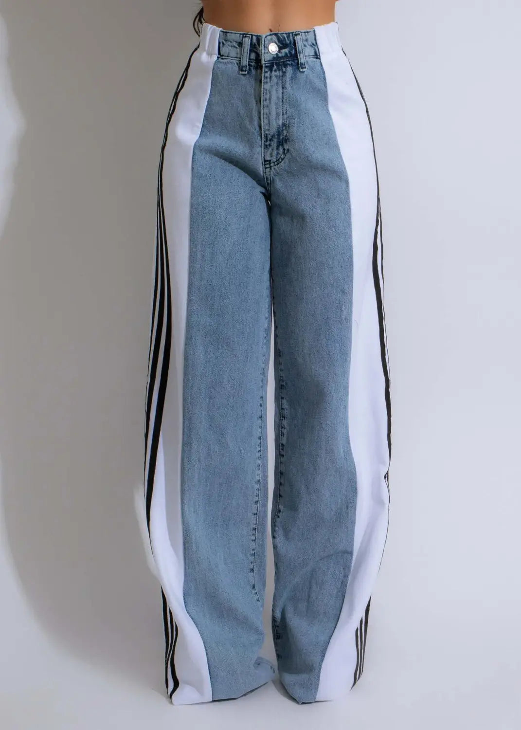 Fashion Stitching Wide Leg Denim Trousers Women’s High Waist Stretchy Straight-leg Pants