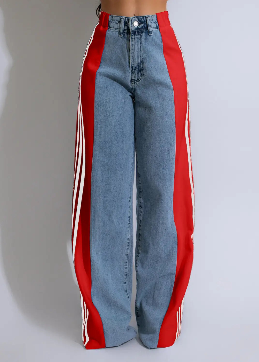 Fashion Stitching Wide Leg Denim Trousers Women’s High Waist Stretchy Straight-leg Pants