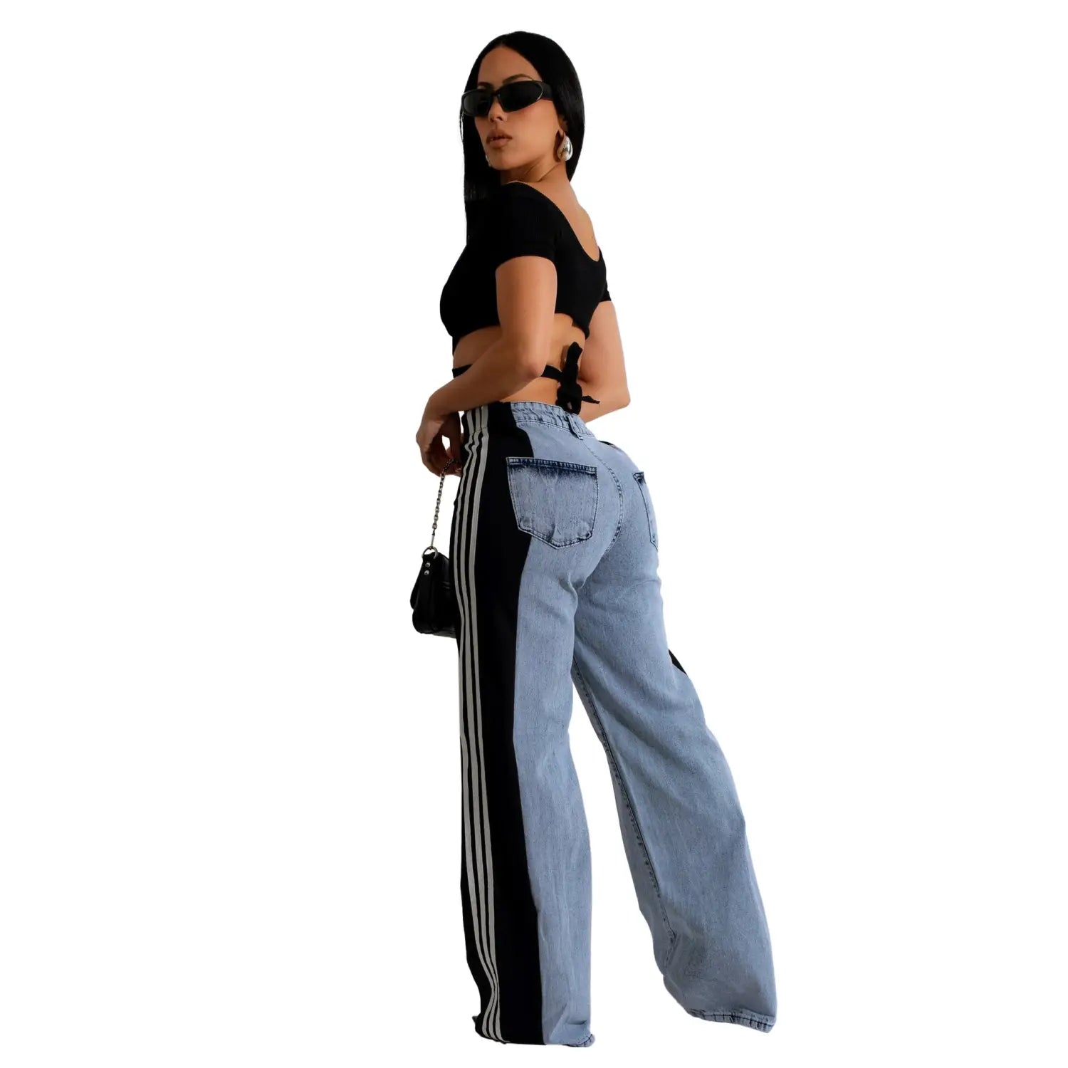 Fashion Stitching Wide Leg Denim Trousers Women’s High Waist Stretchy Straight-leg Pants
