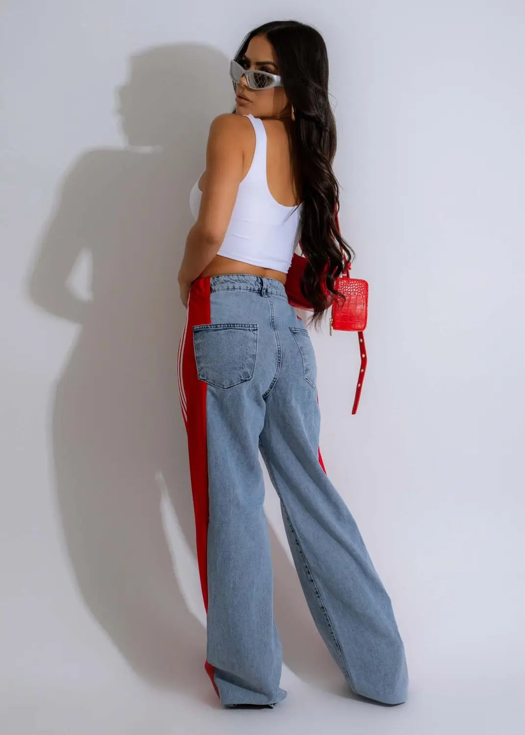 Fashion Stitching Wide Leg Denim Trousers Women’s High Waist Stretchy Straight-leg Pants