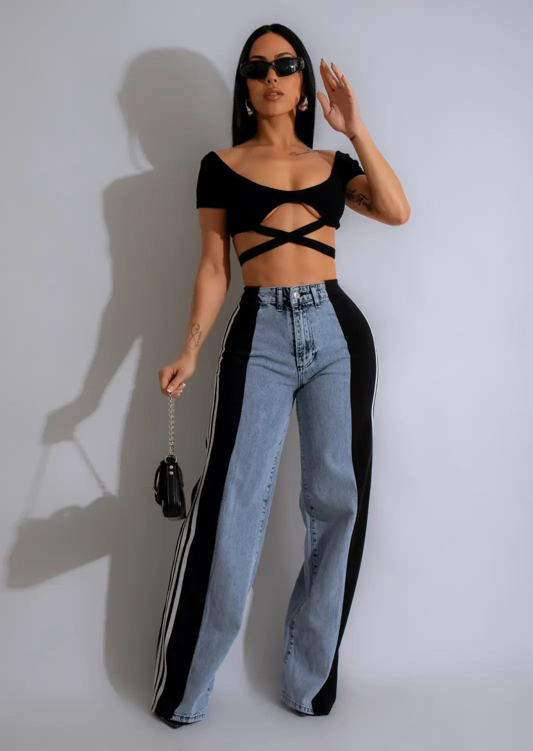 Fashion Stitching Wide Leg Denim Trousers Women’s High Waist Stretchy Straight-leg Pants